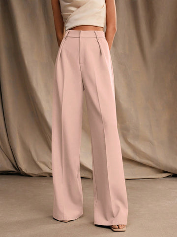 Anewsta Casual Straight High Waist Solid Color Trousers