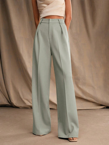 Anewsta Casual Straight High Waist Solid Color Trousers