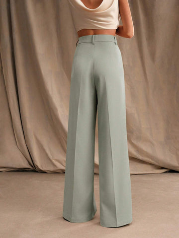 Anewsta Casual Straight High Waist Solid Color Trousers