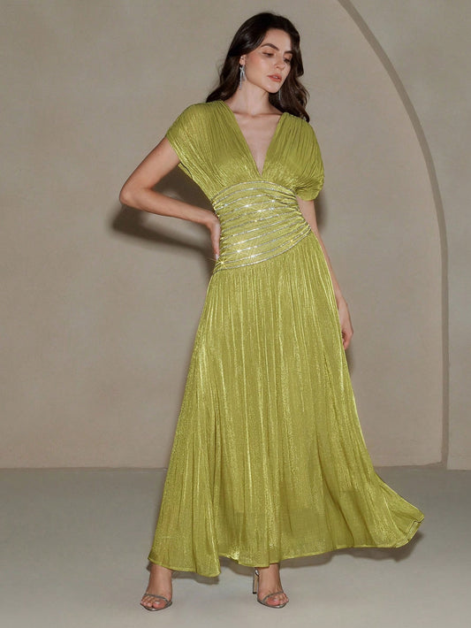 Women's V-Neck Short Sleeve Beaded Chain Pleated Waist Elegant Long Dress