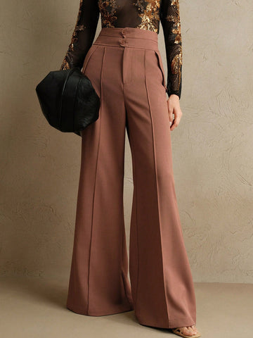 Anewsta Elegant Urban Chic High Waist Flared Women's Double Button Suit Pants