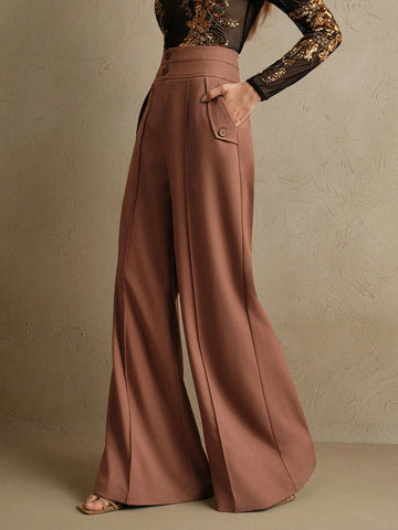 Anewsta Elegant Urban Chic High Waist Flared Women's Double Button Suit Pants