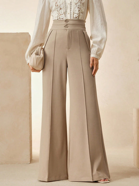 Anewsta Elegant Urban Chic High Waist Flared Women's Double Button Suit Pants