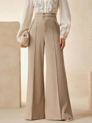Anewsta Elegant Urban Chic High Waist Flared Women's Double Button Suit Pants