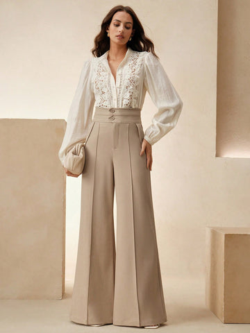 Anewsta Elegant Urban Chic High Waist Flared Women's Double Button Suit Pants