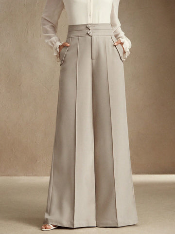 Anewsta Elegant Urban Chic High Waist Flared Women's Double Button Suit Pants