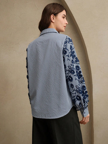 Loose Fit Blue & White Striped Patchwork Embroidered Blouse