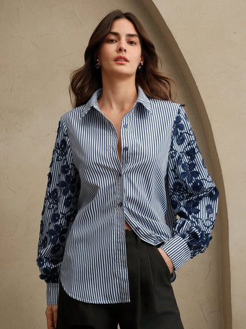 Loose Fit Blue & White Striped Patchwork Embroidered Blouse