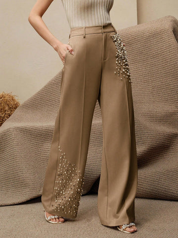 Modern Fashion Pearl Embellished Pocketed Women's Elegant Press Crease Pants