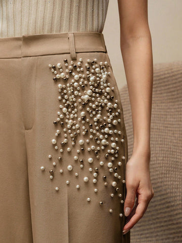 Modern Fashion Pearl Embellished Pocketed Women's Elegant Press Crease Pants