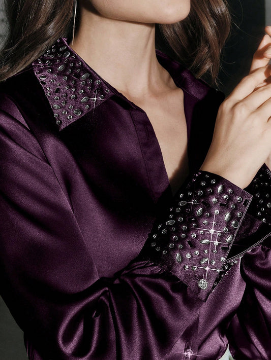 Elegant Women's Sequin Embellished Slim Fit Satin Blouse