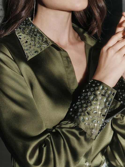 Elegant Women's Sequin Embellished Slim Fit Satin Blouse