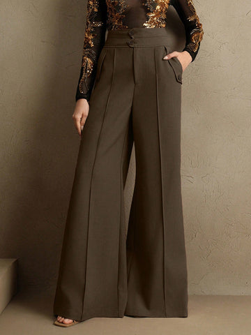 Anewsta Elegant Urban Chic High Waist Flared Women's Double Button Suit Pants