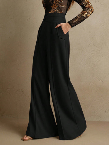 Anewsta Elegant Urban Chic High Waist Flared Women's Double Button Suit Pants