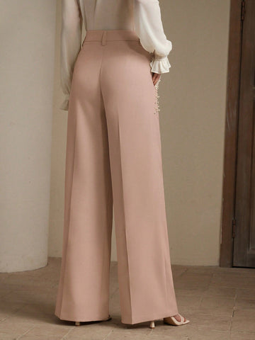 Women Pearl Ornament Suit Pants