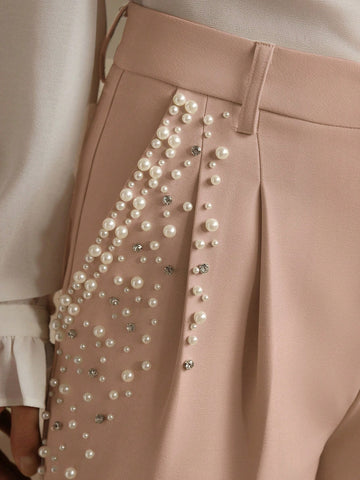 Women Pearl Ornament Suit Pants
