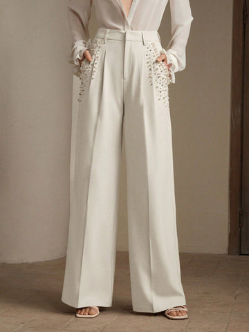 Women Pearl Ornament Suit Pants