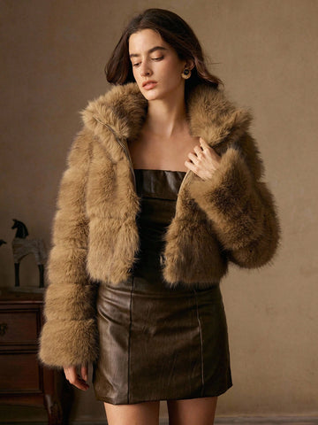 Anewsta Latest Fashion Fluffy Collar Elegant Short Coat