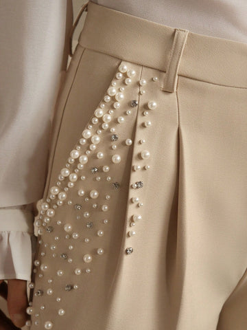 Women Pearl Ornament Suit Pants