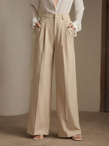 Women Pearl Ornament Suit Pants