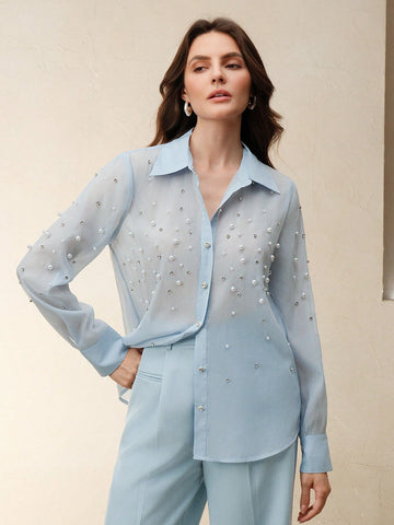 Anewsta Luxury Elegant Sheer Long Sleeve Shirt With Rhinestone Studded Button Design