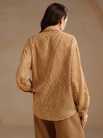 Anewsta Vintage French Elegant Floral 3D Beaded Hollow Out Long Sleeve Jacquard Casual T-Shirt