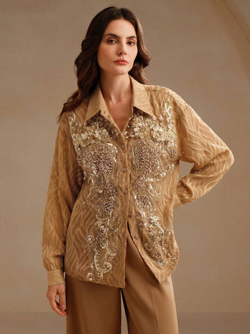 Anewsta Vintage French Elegant Floral 3D Beaded Hollow Out Long Sleeve Jacquard Casual T-Shirt