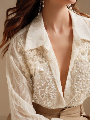 Anewsta Vintage French Elegant Floral 3D Beaded Hollow Out Long Sleeve Jacquard Casual T-Shirt
