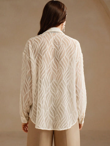 Anewsta Vintage French Elegant Floral 3D Beaded Hollow Out Long Sleeve Jacquard Casual T-Shirt