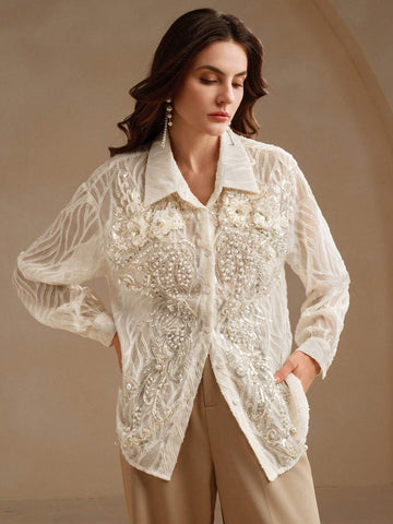 Anewsta Vintage French Elegant Floral 3D Beaded Hollow Out Long Sleeve Jacquard Casual T-Shirt