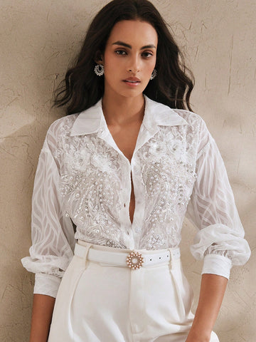 Anewsta Vintage French Elegant Floral 3D Beaded Hollow Out Long Sleeve Jacquard Casual T-Shirt