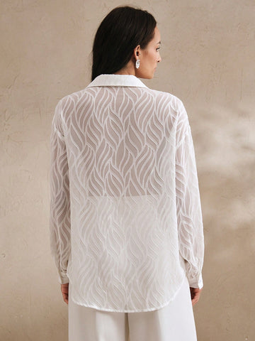 Anewsta Vintage French Elegant Floral 3D Beaded Hollow Out Long Sleeve Jacquard Casual T-Shirt