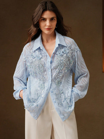 Anewsta Vintage French Elegant Floral 3D Beaded Hollow Out Long Sleeve Jacquard Casual T-Shirt