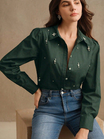 Anewsta Women's Wear Long Sleeve Rhinestone Button Blouse Women Shirt