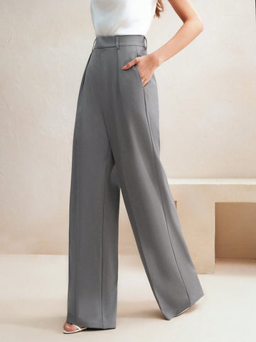 Anewsta Casual Straight High Waist Solid Color Trousers