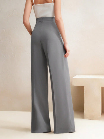 Anewsta Casual Straight High Waist Solid Color Trousers