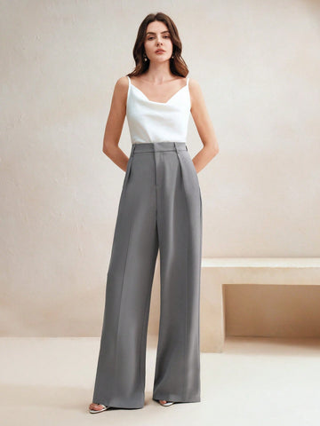Anewsta Casual Straight High Waist Solid Color Trousers