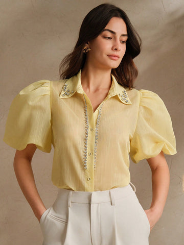 Women Fashion Puff Sleeve Rhinestone Decorated Blouse