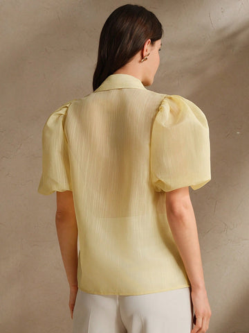 Women Fashion Puff Sleeve Rhinestone Decorated Blouse
