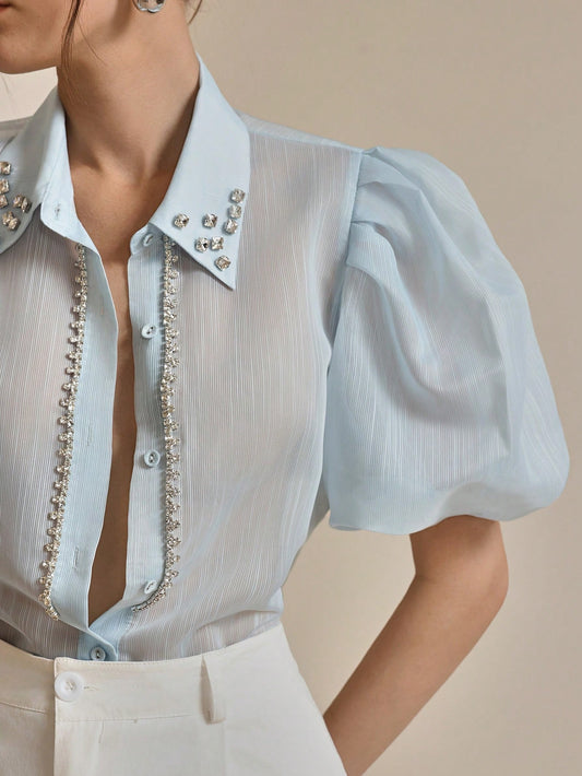 Women Fashion Puff Sleeve Rhinestone Decorated Blouse