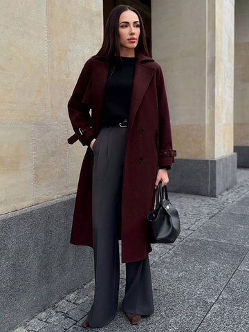 Anewsta Women's Notched Collar Double Breasted Overcoat