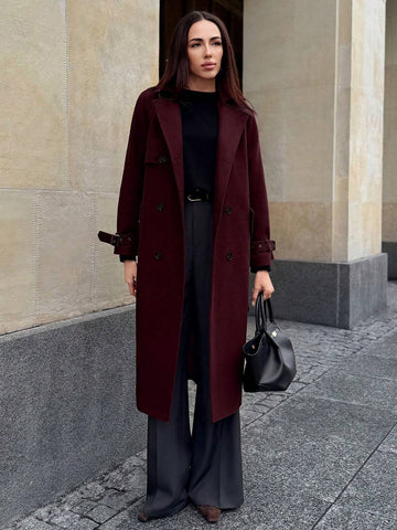 Anewsta Women's Notched Collar Double Breasted Overcoat