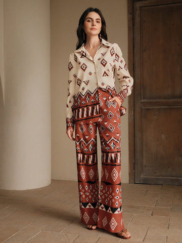Anewsta Ladies' Spring/Summer Diamond Grid High End Fashion Printed Top And Pants