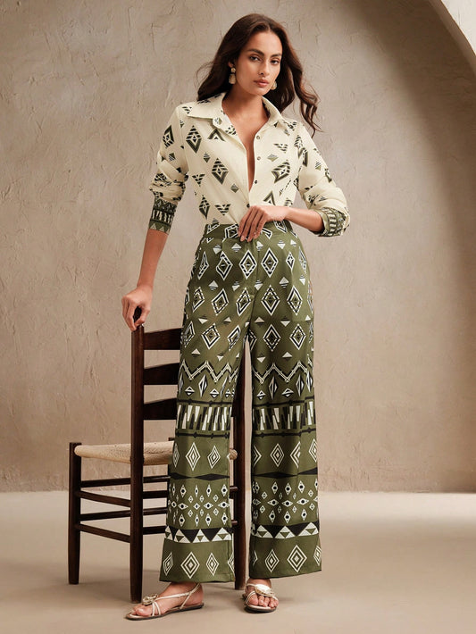 Anewsta Ladies' Spring/Summer Diamond Grid High End Fashion Printed Top And Pants