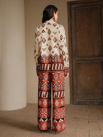 Anewsta Ladies' Spring/Summer Diamond Grid High End Fashion Printed Top And Pants