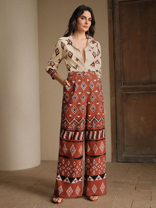 Anewsta Ladies' Spring/Summer Diamond Grid High End Fashion Printed Top And Pants