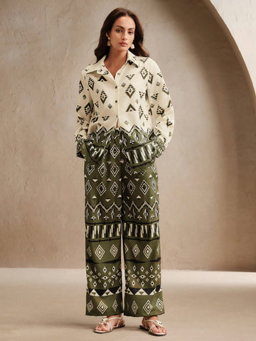 Anewsta Ladies' Spring/Summer Diamond Grid High End Fashion Printed Top And Pants
