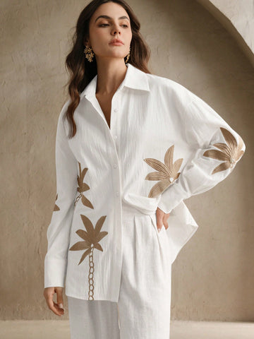 Anewsta Ladies' Woven Craft Embroidered Apricot Long Sleeved Shirt