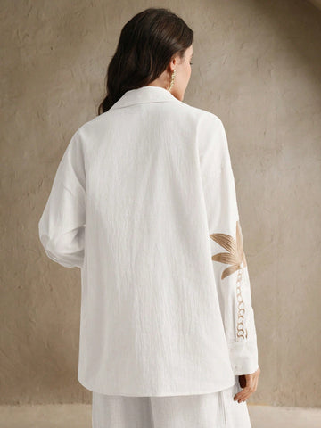 Anewsta Ladies' Woven Craft Embroidered Apricot Long Sleeved Shirt