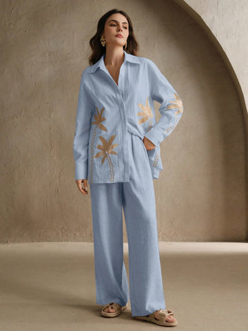 Anewsta Ladies' Woven Craft Embroidered Apricot Long Sleeved Shirt